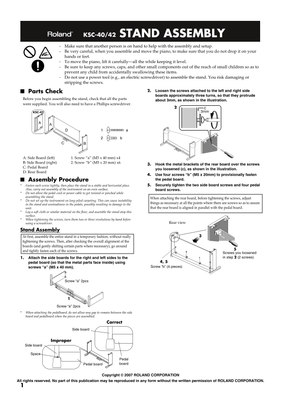 Roland HP-201 Digital Piano Assembly Guide - Page 1