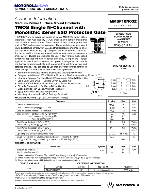 MOTOROLA MMSF10N03Z Data Sheet User Guide - Page 1