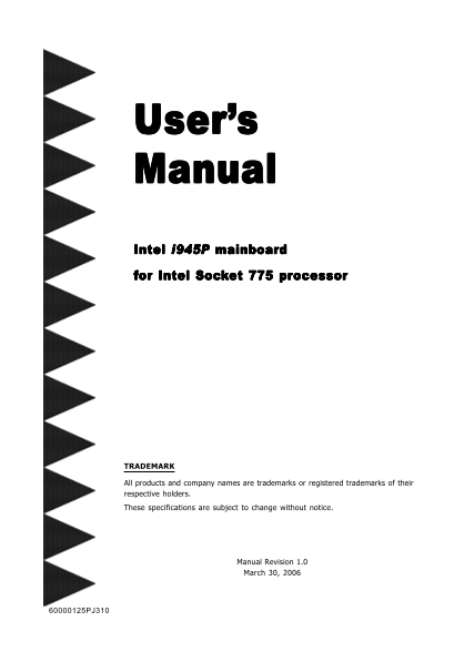 Intel I945P Motherboard Manual for Intel Socket 775 Processor - Manual Revision 1.0 - Page 1