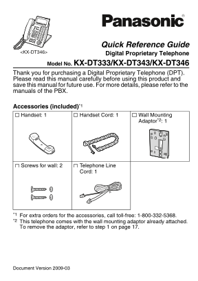Panasonic KX-DT333 Reference Guide, Quick KX-DT343 Reference Guide, Quick KX-DT346 Reference Guide. - Page 1