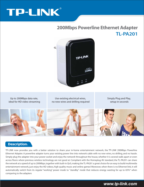 TP-Link TL-PA201 200Mbps Powerline Ethernet Adapter User Manual - Page 1