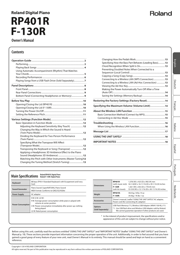 Roland RP401R Digital Piano - English RP401R F-130R Owner's Manual - Page 1