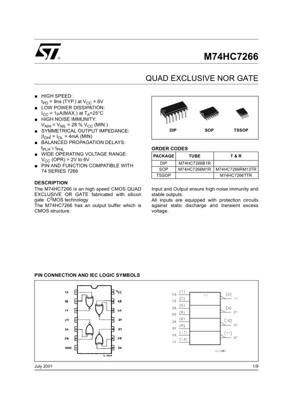 ST M74HC7266 Quad Exclusive NOR Gate Data Sheet - Page 1