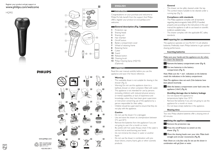 Philips HQ902 15 Electric Shaver User Guide and Support Materials - Page 1
