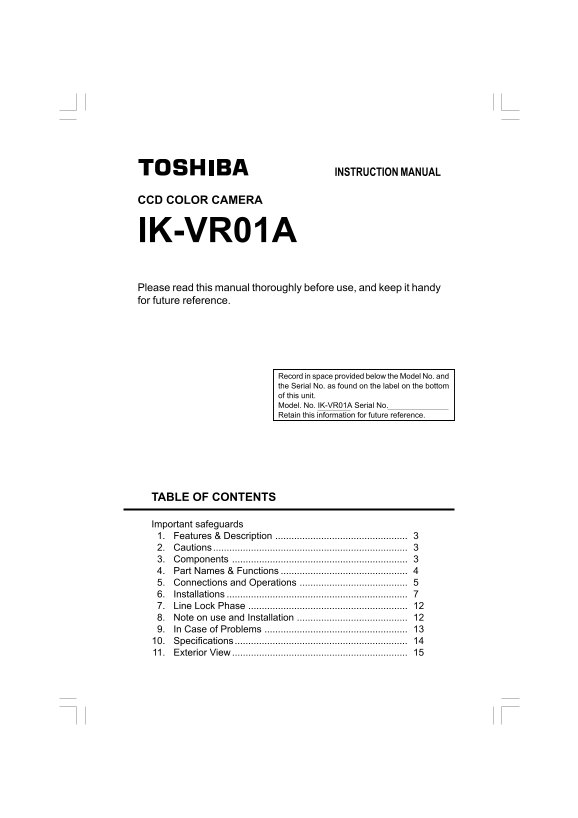 Toshiba IK-VR01A Color Camera Instruction Manual - Page 1