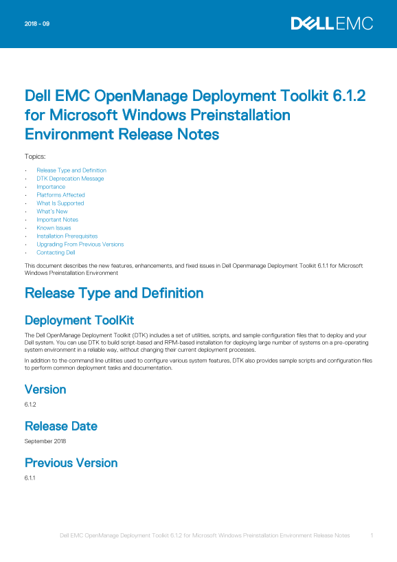 Dell EMC OpenManage Deployment Toolkit 6.1.2 for Microsoft Windows Preinstallation Environment Release Notes - Page 1