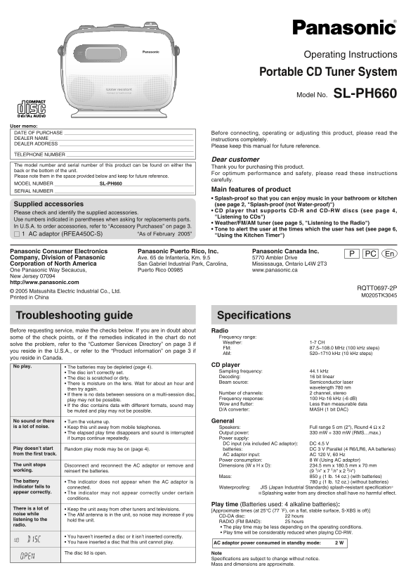 Panasonic SL-PH660 User's Guide - Page 1