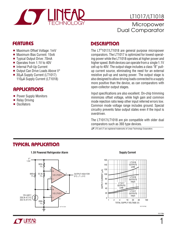 LINEAR TECHNOLOGY LT1017 LT1018 Micropower Dual Comparator User Guide - Page 1