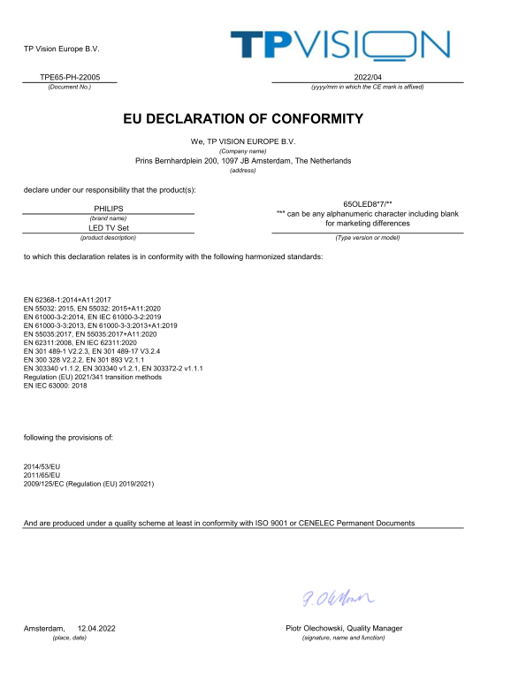 Philips 65OLED867 T3 Smart TV Support and User Manual - EU Compliance Declaration - Page 1