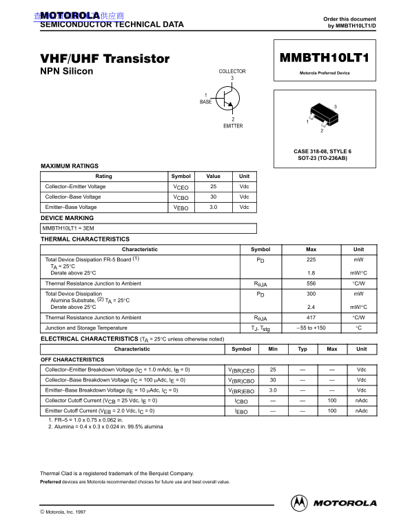 Motorola Semiconductor MMBTH10LT1 Data Handbook/Sheet - Page 1