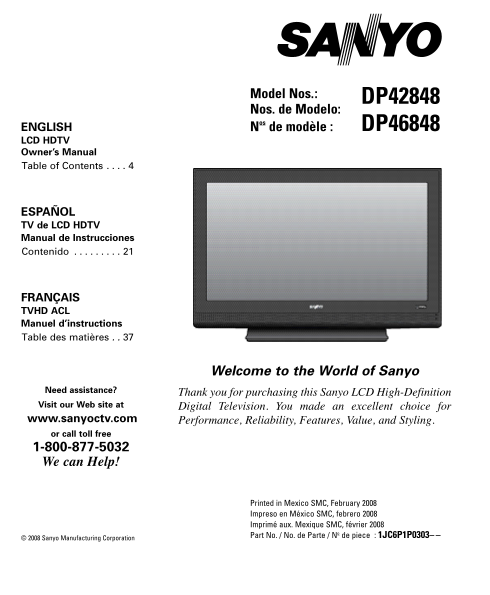Sanyo DP42848 DP46848 User Guide and Specification Sheet - Page 1
