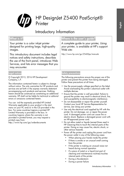 HP DesignJet Z5400 PostScript Printer User's Guide - Page 1