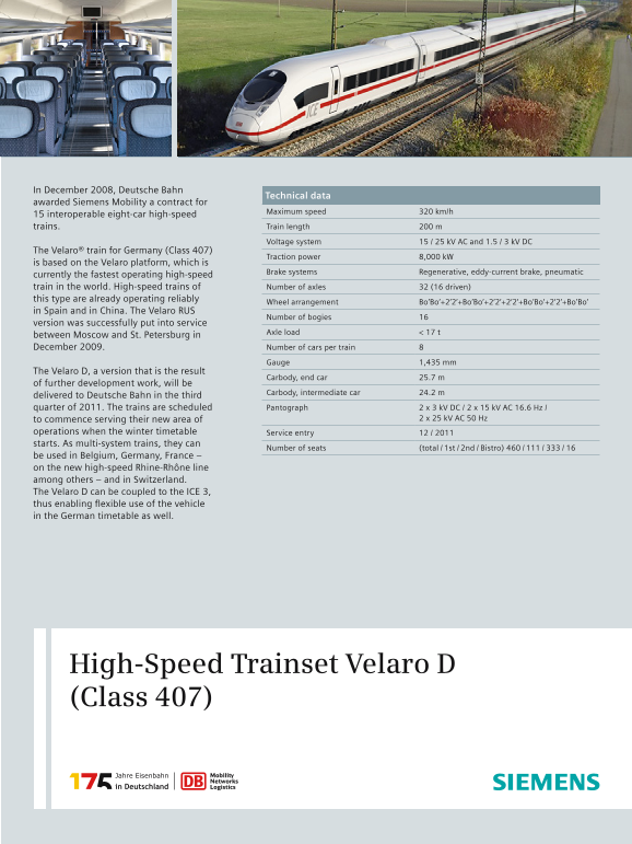 SIEMENS Velaro D High-Speed Train D (Class 407) Owner's Manual User Guide - Page 1