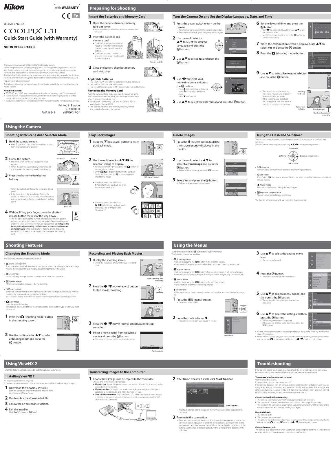 Nikon Compact Digital Cameras COOLPIX L31 Quick Start Guide English (for customers in Europe) - Page 1
