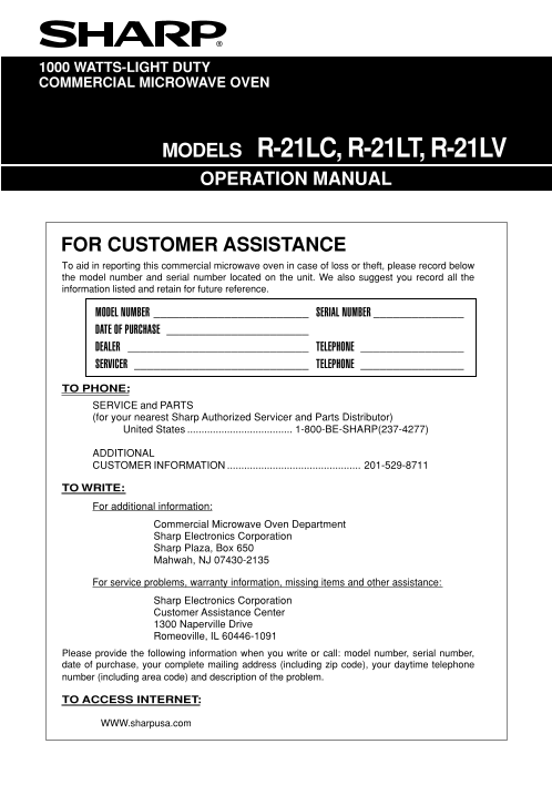 SHARP R-21LC, R-21LT, R-21LV Owner's Manual - Page 1