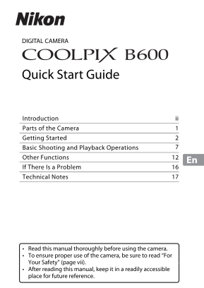 Nikon Compact Digital Cameras COOLPIX BCOOLPIX B600 Quick Start Guide English (for customers in the Americas) - Page 1
