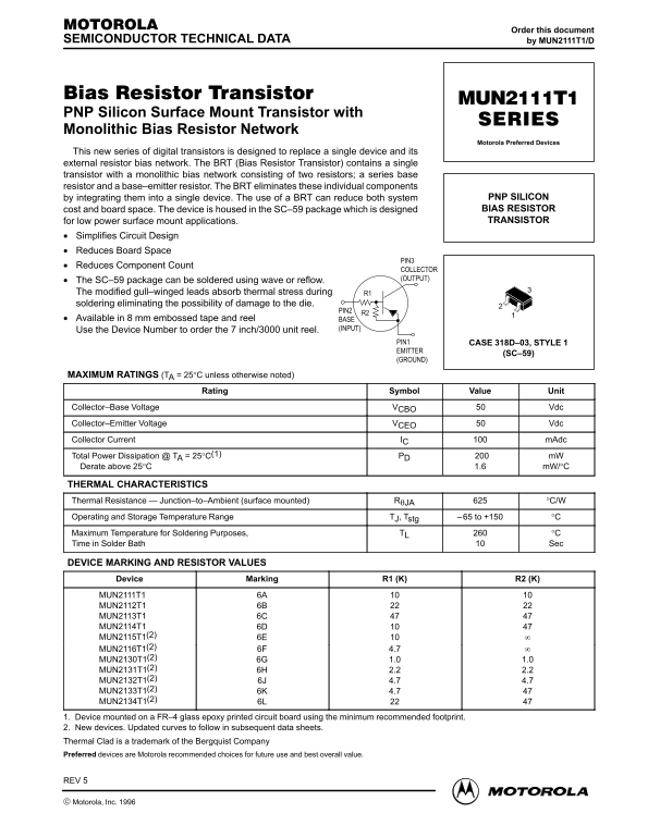 MOTOROLA MUN2111T1 SERIES Data Sheet User Guide - Page 1