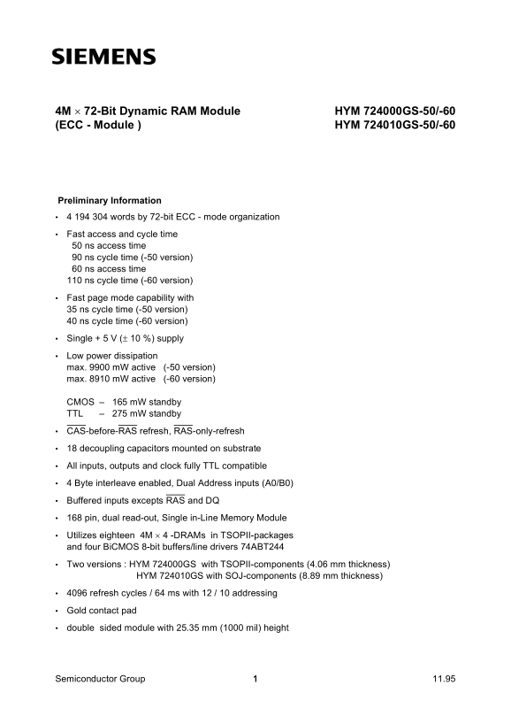 SIEMENS HYM 724000GS-50 -60 Product SpecificationsSheet - Page 1