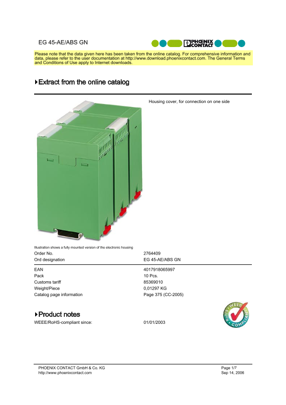 Phoenix Contact EG 45-AE ABS GN Data Handbook Manual - Page 1
