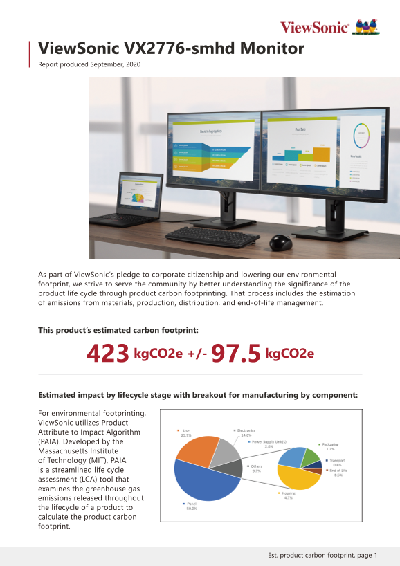 ViewSonic VX2776-SMHD Home Series Monitor User Guide  Carbon Footprint Report - Page 1