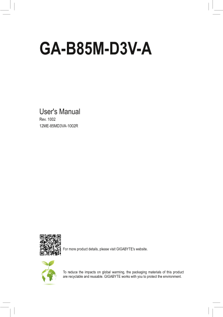 Gigabyte Motherboard GA-B85M-D3V-A (rev.1.0) User Manual - English (version 1002) - Page 1