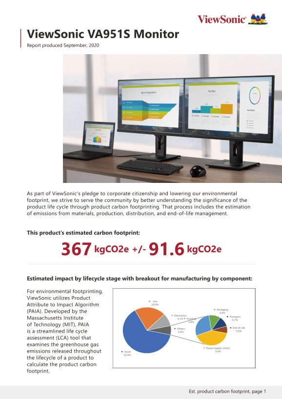ViewSonic VA951S Commercial Display Series User Guide Carbon Footprint Report - Page 1