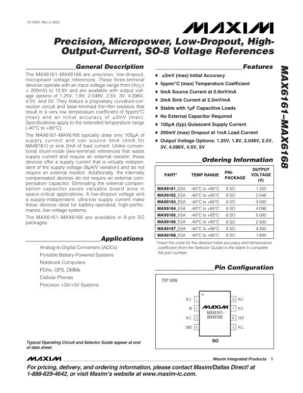 MAXIM MAX6161–MAX6168 Precision, Micropower, Low- Dropout, High Output-Current, SO-8 Voltage References - Page 1