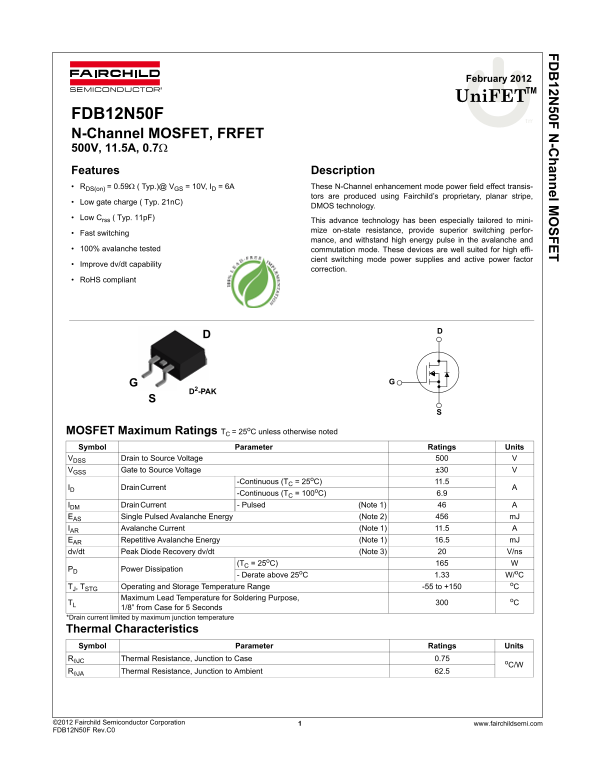 Fairchild FDB12N50F User Guide - Page 1
