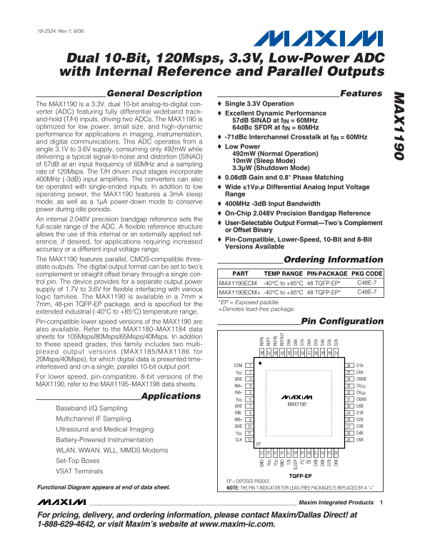 MAXIM MAX1190 Dual 10-Bit, 120Msps, 3.3V Low-Power ADC with Internal Reference and Parallel Outputs - Page 1