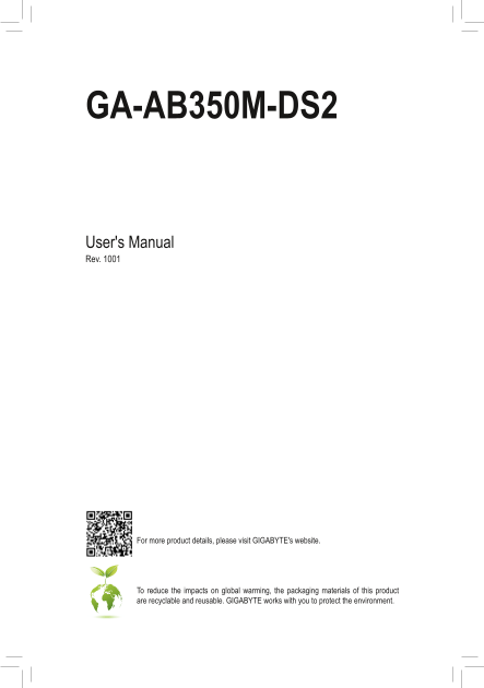 Gigabyte Motherboard GA-AB350M-DS2 (rev.1.x) User Manual - English (version 1001) - Page 1