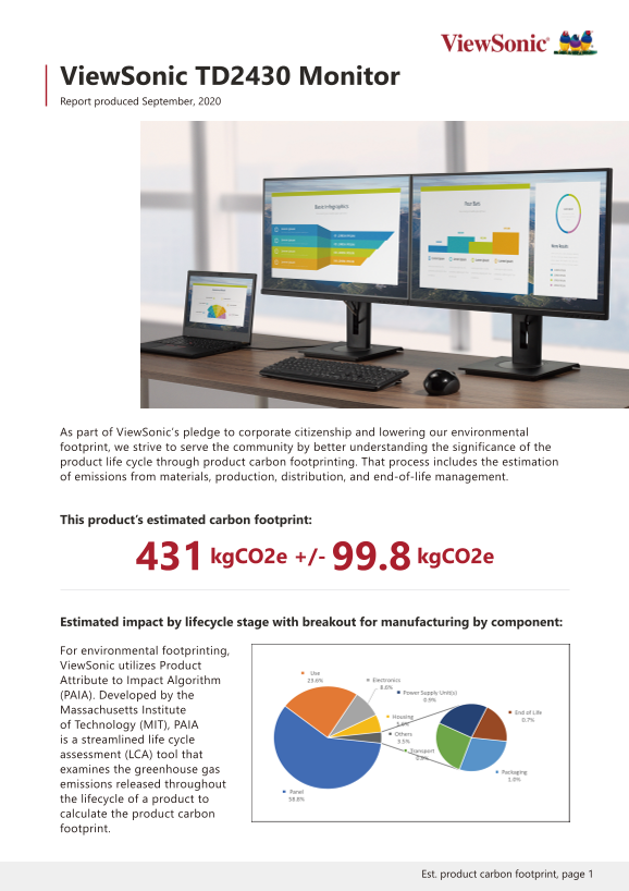 ViewSonic TD2430 Touch Display Series User Guide Carbon Footprint Report - Page 1