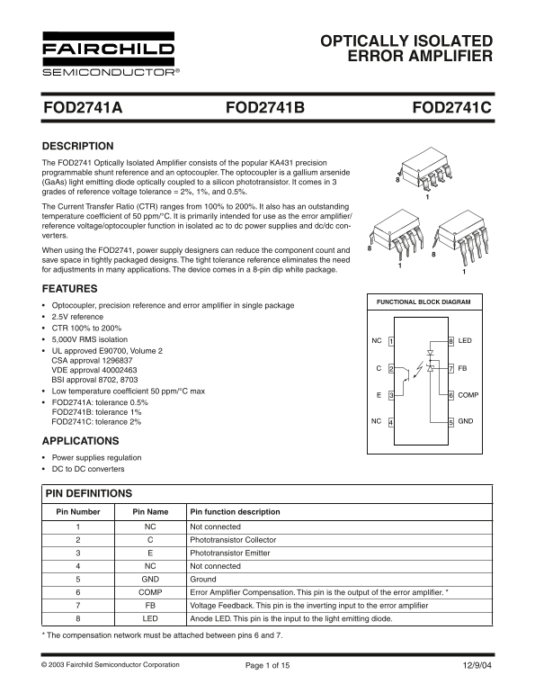 Optically Isolated Error Amplifier by Fairchild Semiconductor - Page 1 of 15 - Page 1