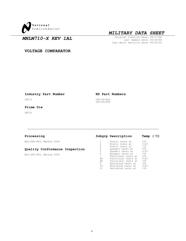 NATIONAL MNLM710-X REV 1A DATA SHEET - Page 1