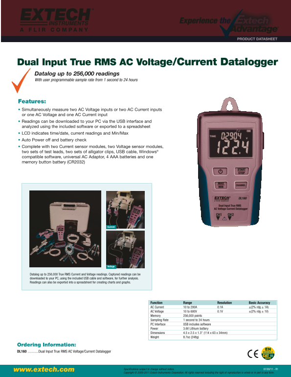 EXTECH DL160 Dual Input True RMS AC Voltage Current Datalogger User's Manual - Page 1