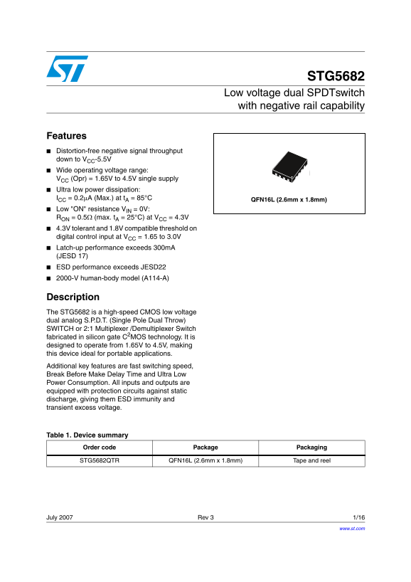 ST STG5682 Low-voltage Dual SPDT Switch with Negative Rail Capability - Page 1