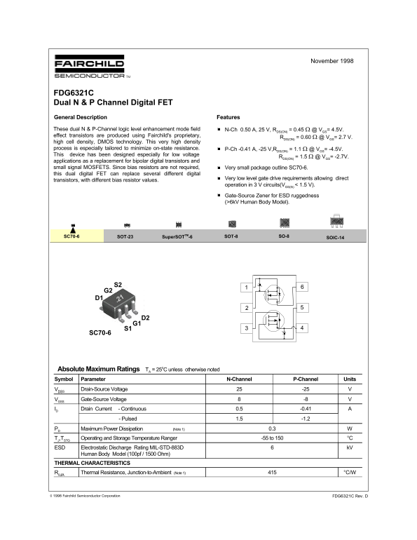 Fairchild FDG6321C Dual N & P Channel Digital FET Data Manual - Page 1