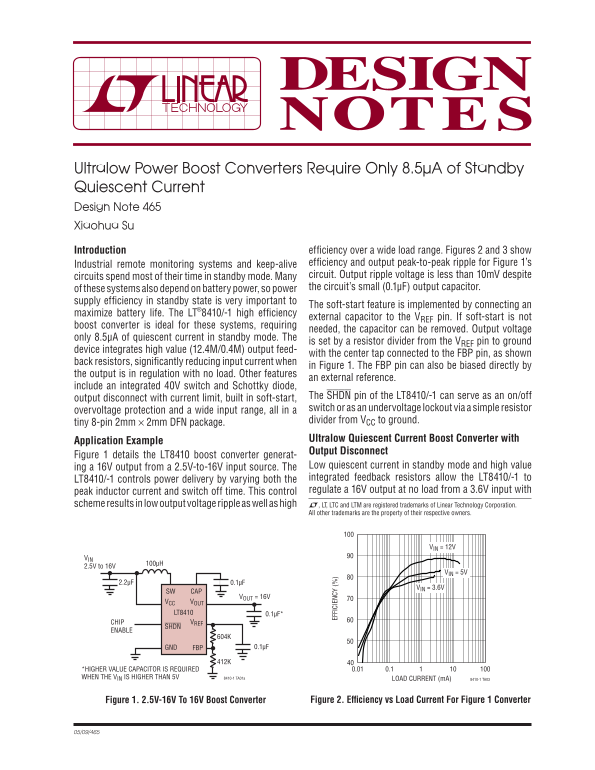 Design Note 465 LINEAR Ultralow Power Boost Converters Require Only 8.5μA of Standby Quiescent Current - Page 1