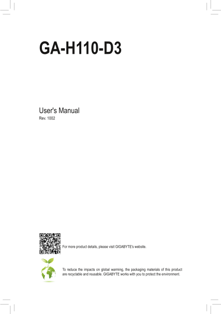 Gigabyte Motherboard GA-H110-D3 (rev.1.0) User Manual - English (Version 1002) - Page 1
