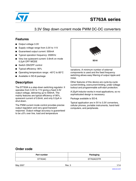 ST ST763A series 3.3V Step down Current Mode PWM DC-DC Converters - Page 1