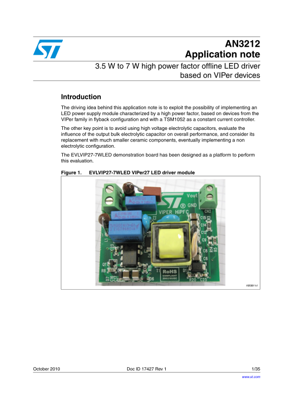 ST AN3212 Application note 3.5 W to 7 W high power factor offline LED driver based on VIPer devices - Page 1