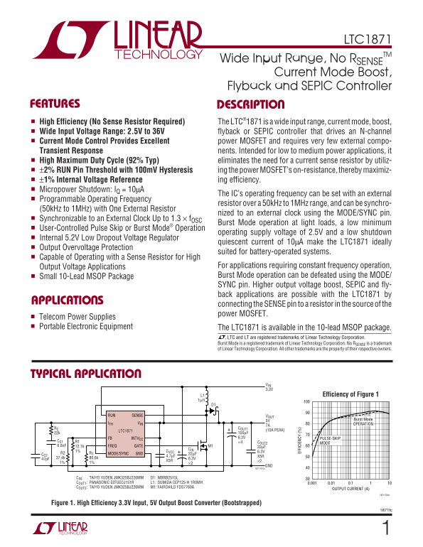 LINEAR TECHNOLOGY LTC1871 1871fc Wide Input Range, No RSENSE Current Mode Boost, Flyback and SEPIC Controller - Page 1