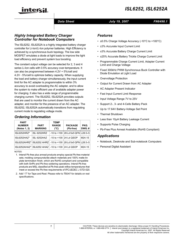 Intel INTERSIL ISL6252, ISL6252A Data Sheet - Page 1