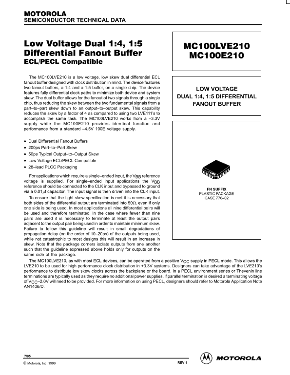 Motorola MC100LVE210 MC100E210 Data Manual (1) - Page 1