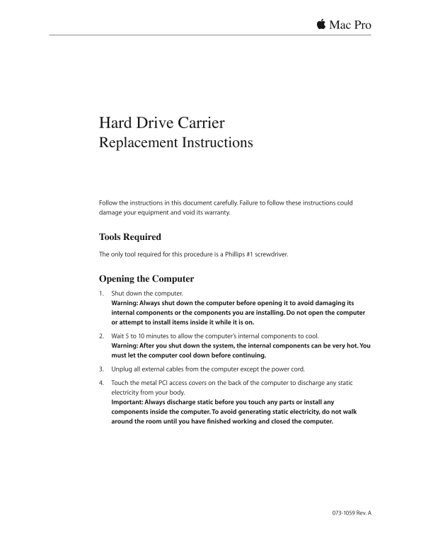 APPLE Mac Pro 073-1059 Rev. A Hard Drive Carrier Replacement Instructions - Page 1