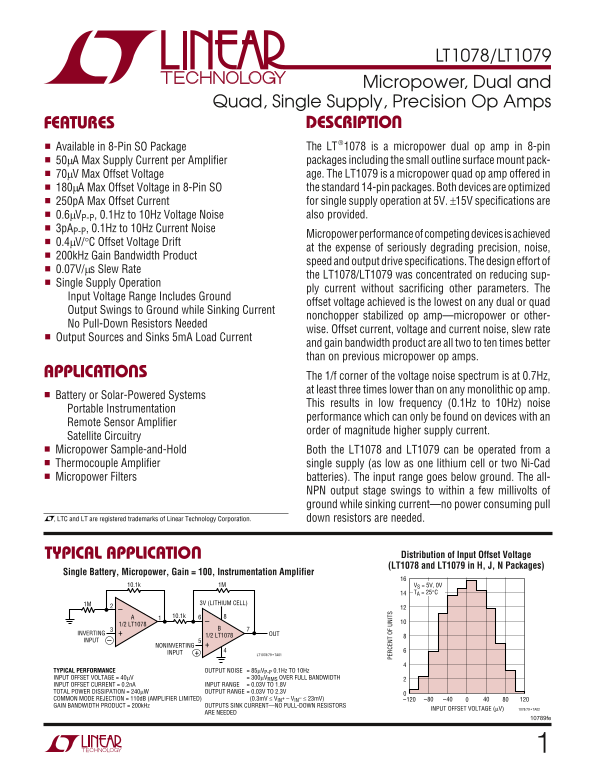 LINEAR TECHNOLOGY - 1 LT1078 LT1079 Data Sheet Manual - Page 1