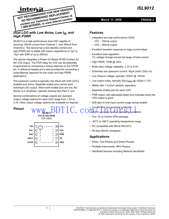 Intel(Intersil) ISL9012 Data Sheet - Page 1