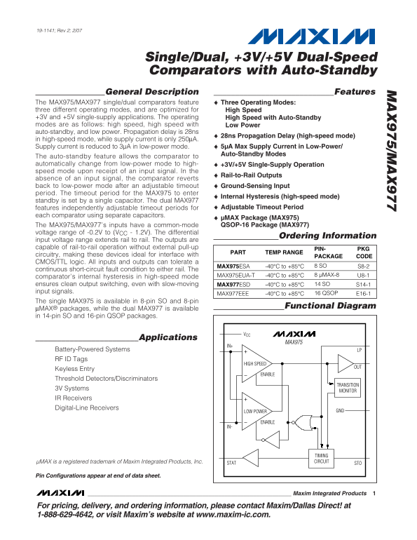 MAXIM MAX975 MAX977 Single Dual, +3V +5V Dual-Speed Comparators with Auto-Standby User Manual - Page 1