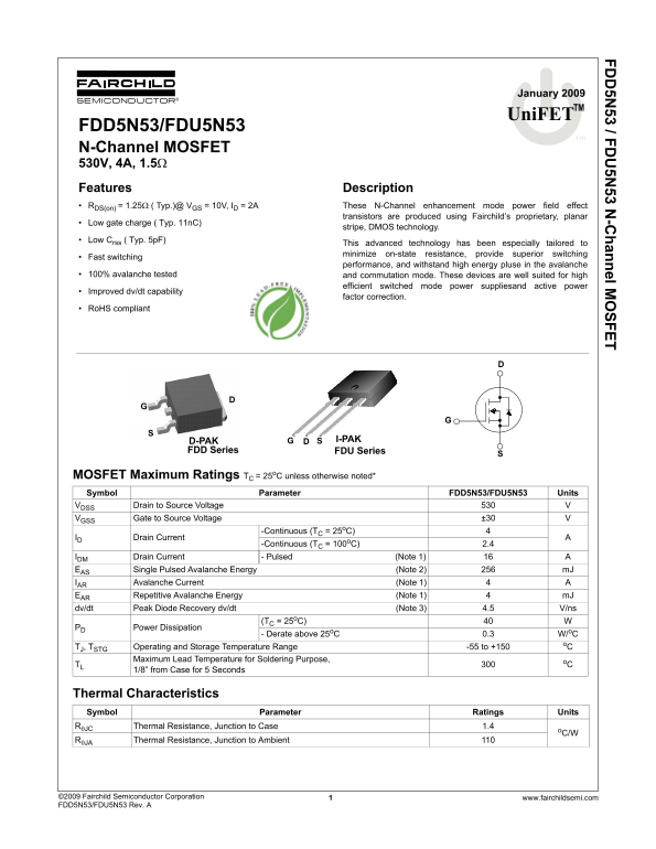 Fairchild FDD5N53 FDU5N53 N-Channel MOSFET Data Manual - Page 1