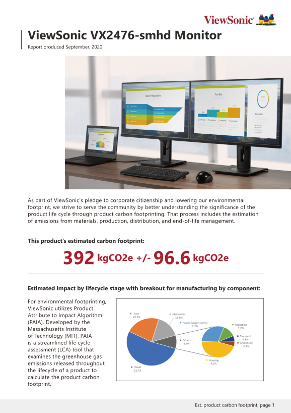 ViewSonic VX2476-SMHD Home Series Monitor User Guide  Carbon Footprint Report - Page 1