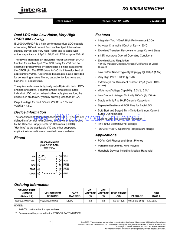 Intel Silicon Intersil ISL9000AMRNCEP Data Sheet - Page 1